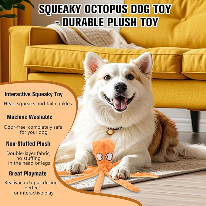 Dog Squeaky Toys Octopus, No Stuffing Plush Toys, Squeaky Octopus Dog Toy - Durable Plush for Puppies, Interactive Dogs Toys for Aggressive Chewers (Purple+Blue)