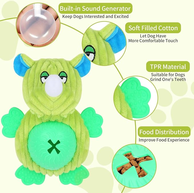 Interactive Dog Toys, Plush Dog Toy with Treat Dispensing Ball, Squeaky Dog Toy with Cute Plastic Paws for Playing,Slow Eat Hiding Food Enrichment Toy for Small & Medium Breeds(Green)
