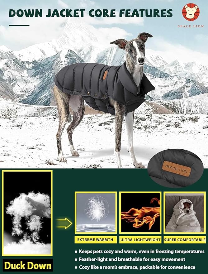 SPACE LION Dog Puffer Jacket, Down Winter Coat, Durable Outdoor Coat for Cold and Windy Conditions, Waterproof, Lightweight Jacket, Adjustable Fit for Small, Medium, Large Dogs(Black,16/XL)