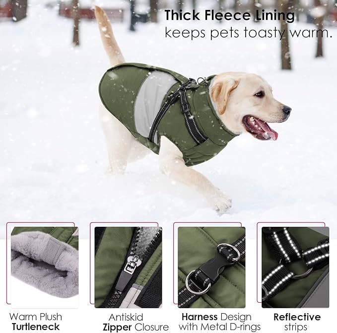 AOFITEE Dog Winter Coat, Dog Coat with Harness Built in, Dogs Jacket for Large Dogs, Reflective Waterproof Pet Puffer Jacket Snowsuit, Warm Fleece Windproof Pet Sweater for Cold Weather, XL