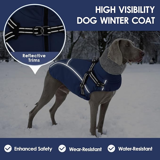 AOFITEE Dog Coat for Large Dogs, Waterproof Dog Jacket with Harness Built in, Warm Fleece Pet Puffer Jacket with Zipper, Cold Weather Coats for Dogs Outdoor, Reflective Pet Snowsuit, Blue XL