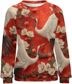 Womens Long Sleeve Tops Y2k Japanese Art Print Sweatshirts Fall Pullover for Women Crewneck Vintage Shirts Boho Tops