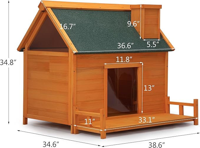 Wooden Dog House, Indoor Outdoor Pet Shelter with Platform, PVC Curtain, Door, Asphalt Roof, Pet House for Small to Medium Sized Dogs, Orange