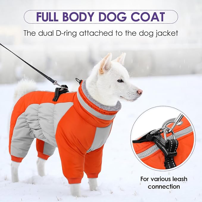 SUNFURA Full Body Dog Coat - Warm Fleece Jacket for Small Dogs, Turtleneck Winter Coats with Harness, Reflective Dog Snowsuit Windproof Puffer Jackets with Legs for Chihuahua, Yorkie, Orange XS