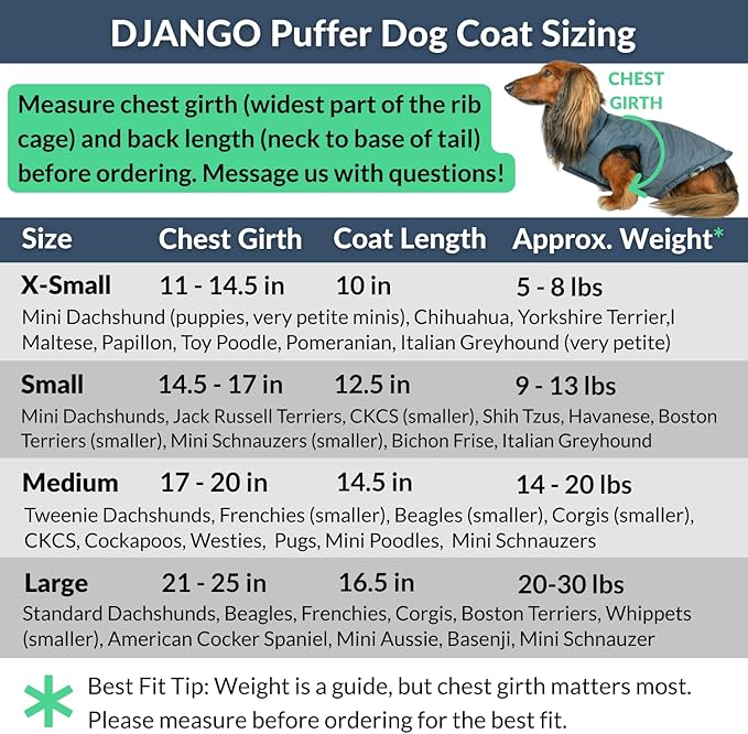 DJANGO Reversible Puffer Dog Coat – Warm Winter Dog Jacket & Water-Repellent Insulated Dog Coat w/Harness Hole, Windproof, Adjustable Fit for Small & Medium Dogs, Dachshunds – Twilight Blue, Medium