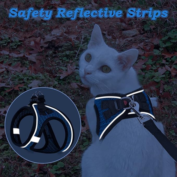 Cat Harness and Leash for Walking Escape Proof, Adjustable Kitten Vest Harness Reflective Soft Mesh Puppy Harness for Outdoor, Comfort Fit, Easy to Control (Blue, XS)