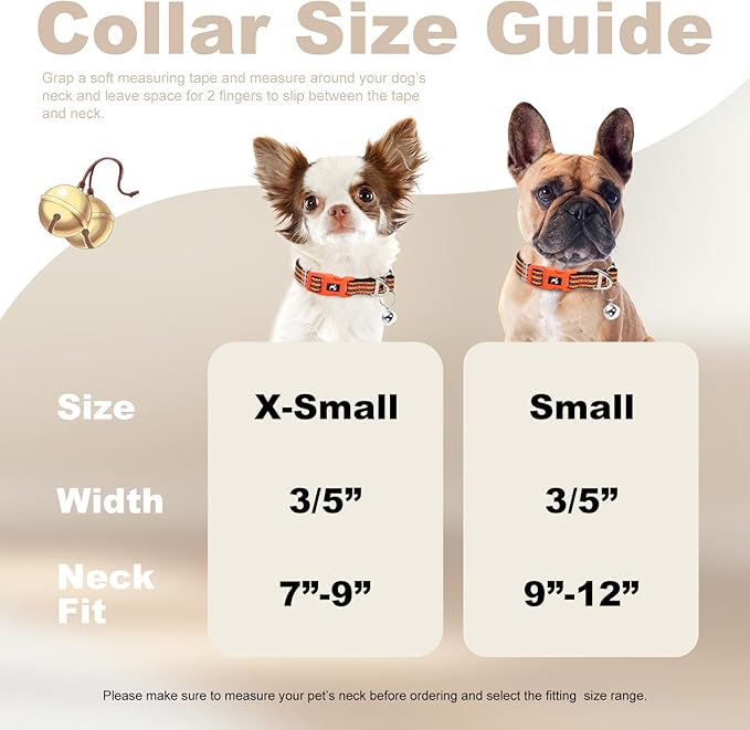 Small Dog Collar with Bell - Cute Reflective Puppy Collar Gift for Boy/Girl, Adjustable Nylon Collar for Chihuahua Pomeranian Nighttime Safety （Orange S）