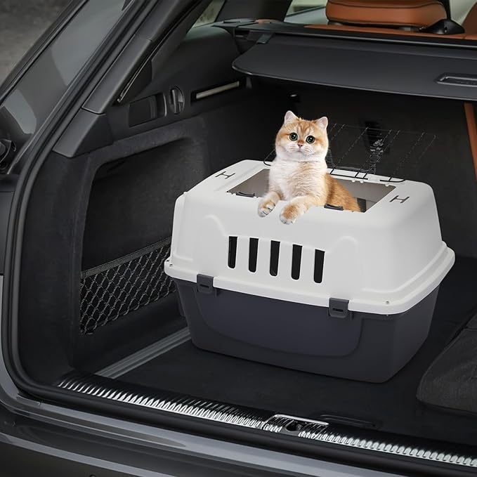 MoNiBloom 22-Inch Dog Crate Plastic 2-Door Top Loading Cat Carrier, Hard-Sided Dog Travel Carrier for Small Dogs and Cats, Ventilation and Security Lock Design for Pets up to 22 lbs (Grey)