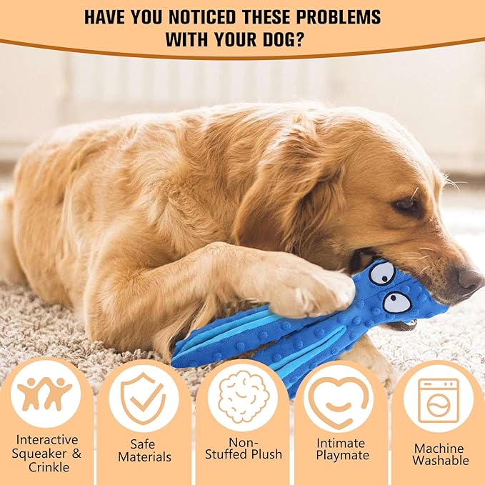 Dog Squeaky Toys Octopus, No Stuffing Plush Toys, Squeaky Octopus Dog Toy - Durable Plush for Puppies, Interactive Dogs Toys for Aggressive Chewers (Purple+Blue)