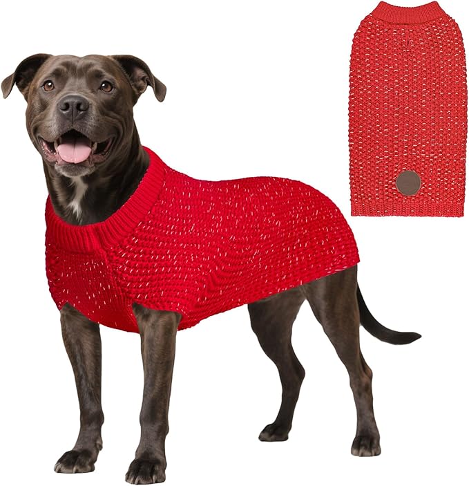 KYEESE Dog Christmas Sweater with Leash Hole Warm Pullover with Reflective Yarn for Small and Medium Dogs Male Soft Knit Pullover Boy Dog Coats Cozy Lightweight Thick Sweater,Red,Large