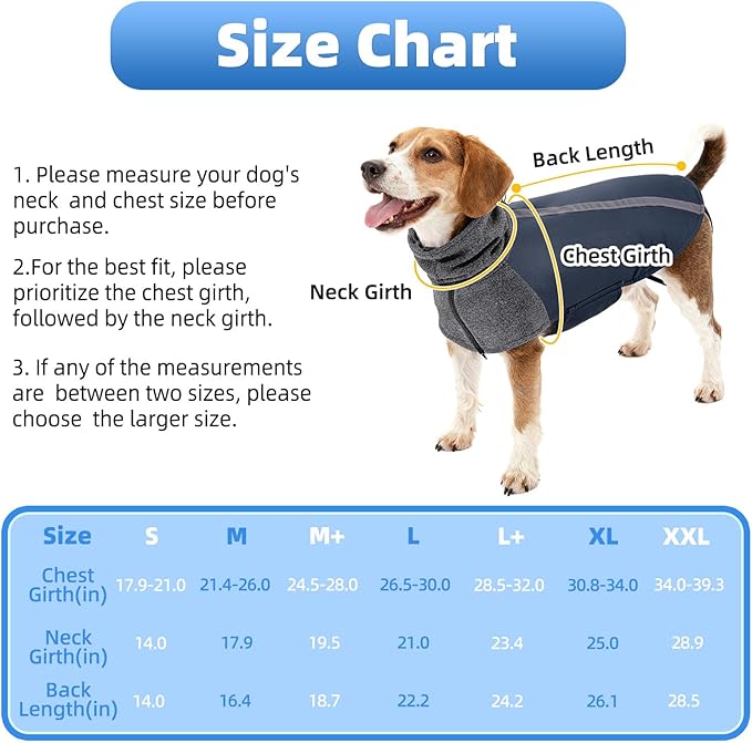 SlowTon Winter Dog Coat, Warm Polar Fleece Lining Doggie Outdoor Jacket with Turtleneck Scarf Reflective Stripe Adjustable Waterproof Windproof Puppy Vest Soft Pet Outfits (M,Dark Blue)