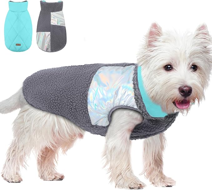 EMUST Small Dog Sweater, Reversible Winter Jacket Coats for Small Dogs, Fuzzy Pet Apparel Vest for Small Medium Dogs, Grey, S