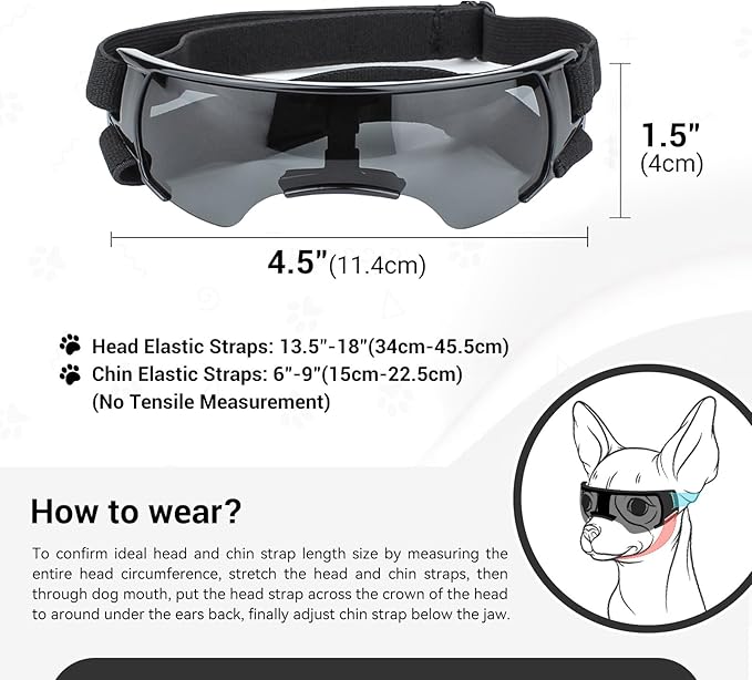 Dog Goggles Sunglasses Small to Medium Breed, Anti-Fog UV400 Lens Puppy Sunglasses, Adjustable Lightweight Doggie Goggles for UV, Wind, Snow, Dust Protection, Black