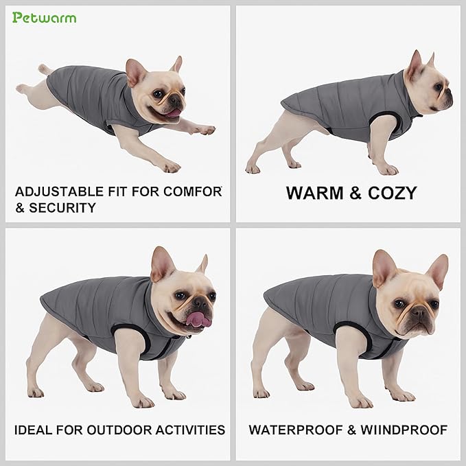 PetWarm Reversible Dog Cold Weather Coats, Waterproof Dog Puffer Vest, Vest for Dogs with Hook-and-Loop Strap, Windproof Outdoor Coat for Winter Walks and Snowy Days, Grey, S