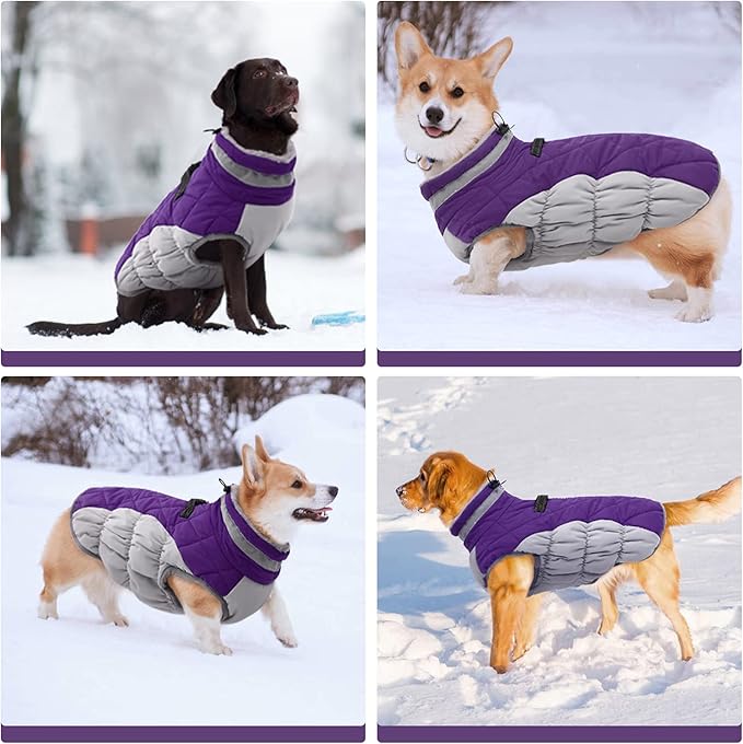 FUAMEY Dog Coat for Small Dogs,Waterproof Dog Winter Jacket with Harness Built in Puppy Cold Weather Coats Reflective Pet Vest with Zipper Warm Fleece Dogs Snowsuit Windproof Purple S