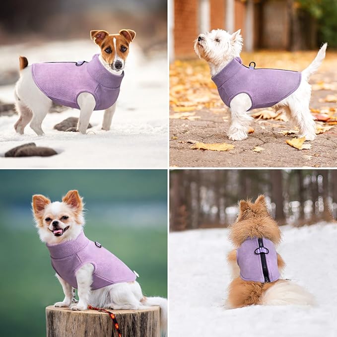 Idepet Dog Fleece Vest Sweater Zip Up Warm Pullover Dogs Jacket with D-Ring Leash Winter Cold Weater Coat Pet Sweatershirt Clothes Hoodie for Small Medium Dogs Boy Girl (Purple, S)