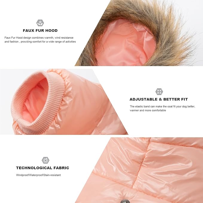 PINA Winter Coat with Faux Fur Hood, Windproof and Warm, for Small to Large Dogs, Pink, S