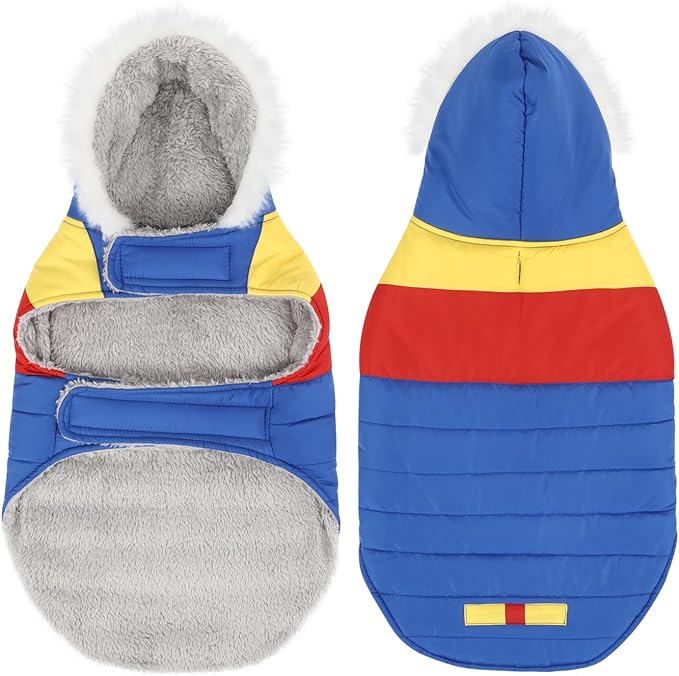 HDE Dog Puffer Jacket Fleece Lined Warm Dog Parka Winter Coat with Harness Hole 90s Colorblock - M