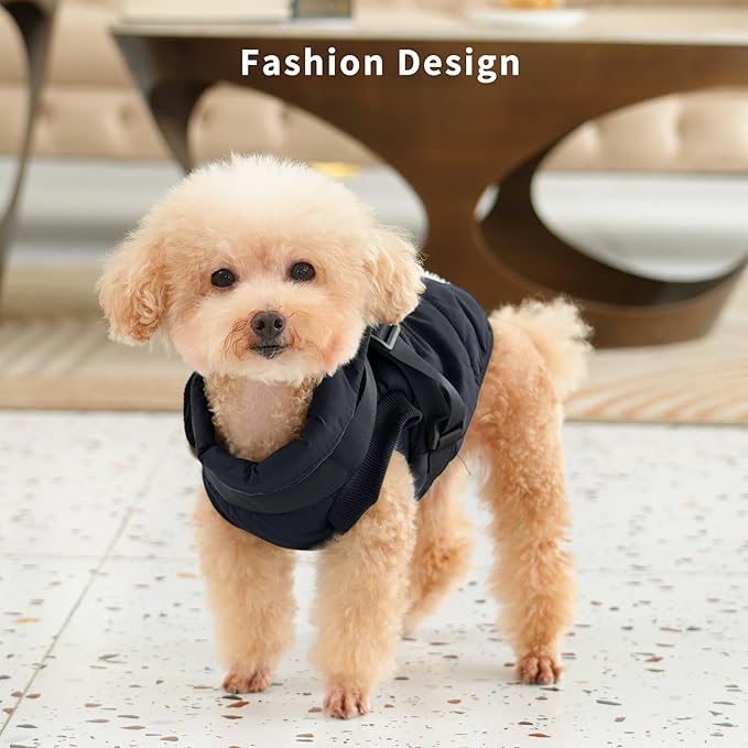 Dog Jacket with Harness,Fleece Lined Warm Puppy Coat for Winter,Soft Windproof Small Dog Vest,Black S