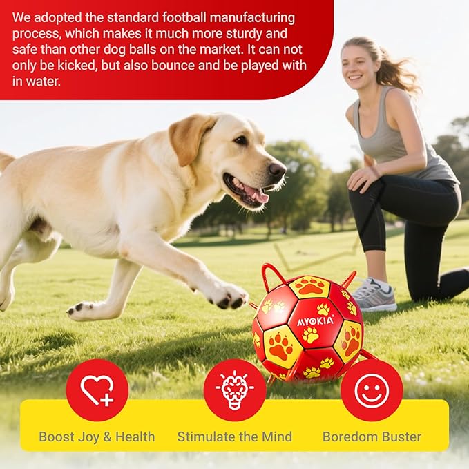 Size 3 Interactive Dog Soccer Ball with Strap, Red & Yellow, Eye-Catching Paw Prints Design, Ideal Outdoor Training Pet Toy, Perfect Choice for Medium & Large Dogs' Playtime