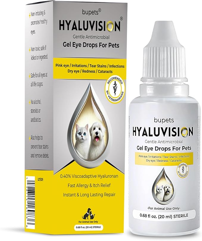 Hyaluvision Gel Eye Drops for Pets – 0.40% Hyaluronan, Relieves Dry Eyes & Infection, Soothes Allergy & Pink Eye, Lubricant, Hydration & Tear Stain Remover, 0.68 fl oz