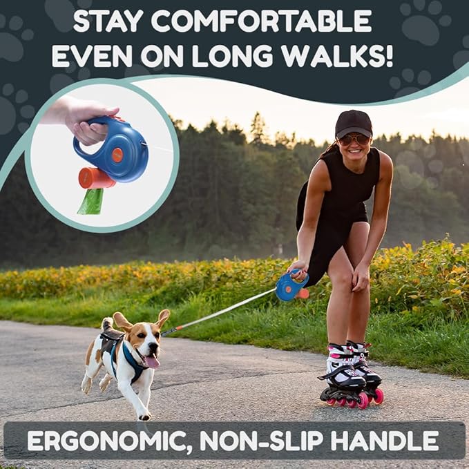 Retractable Dog Leash for Small and Medium Dogs 10 ft, Heavy Duty Nylon Rope with Poop Bag Dispenser, Impact Proof Carabiner, Anti-Slip Handle (Green, 10FT)