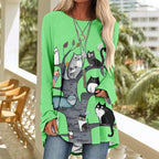 Womens Tunic Shirt Cute Cat Print Long Sleeve Round Neck Women T Shirts Cotton Casual Plus Size Vacation Tunics Tops