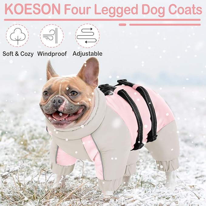 KOESON Four Legged Winter Coat, Warm Dog Jacket with Adjustable Buckles, Turtleneck Windproof Fleece Jackets, Reflective Fullbody Snowsuit Puffer Coat Pink Grey L