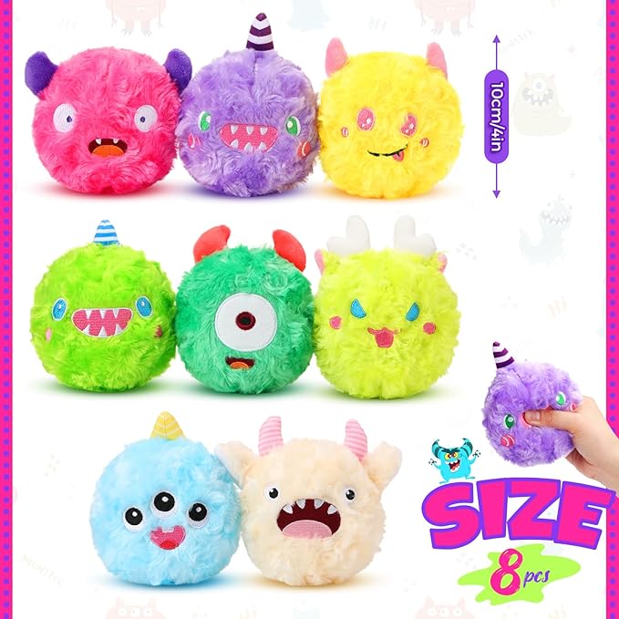 HyDren 8 Pack Soft Squeaky Dog Ball Toys 2 In1 Fuzzy 4" Dog Balls with Squeakers Plush Funny Puppy Ball Bulk Small Dog Valentine Toys Monster Dog Chewers for Small Medium Puppy Dog Pet (Cute)