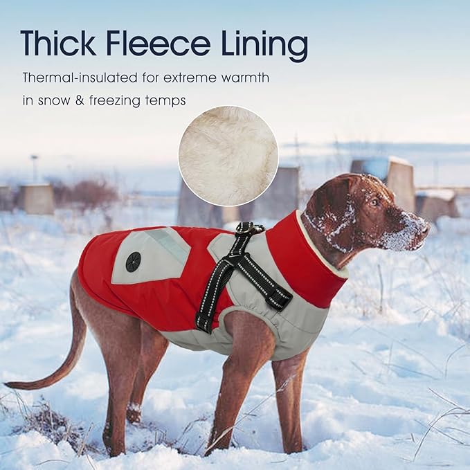 IECOii Dog Winter Coat Waterproof - Red, Medium - Dog Coat with Harness Built in for Medium Dogs, Thermal Warm Fleece Lined with Zip Up Cold Weather Jacket, Reflective Snowsuit for Outdoor Hiking
