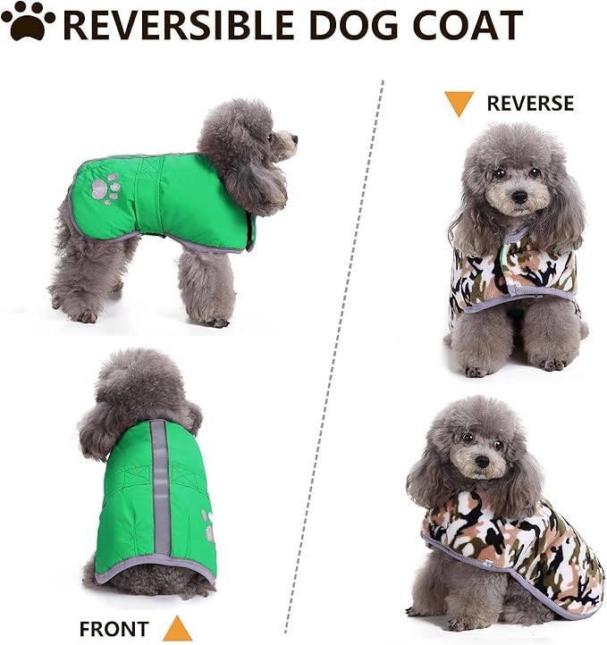 Queenmore Dog Winter Coat, Cold Weather Fleece Jacket for Dogs, Waterproof Reflective Reversible, for Small, Medium and Large Dogs (Green, XL)