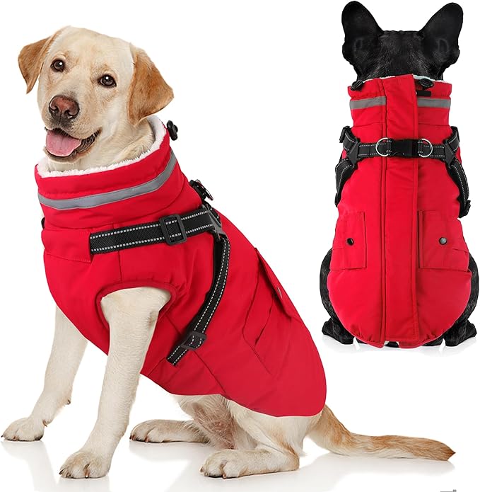 Dogcheer Dog Coat with Harness, Waterproof Warm Dog Winter Jacket with Pockets, Reflective Pet Fleece Jacket Turtleneck Snowsuit for Small Medium Large Dogs - Red, XS