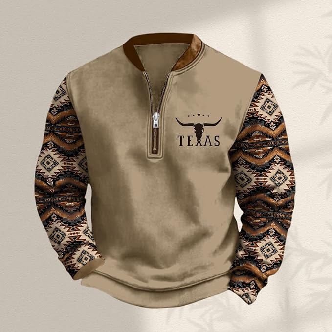 HOTYD Aztec Cowboy Jacket Men Vintage Bullhorn Printed Oversized Western Sweatshirt Long Sleeve Quarter Zip Pullover