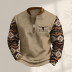 HOTYD Aztec Cowboy Jacket Men Vintage Bullhorn Printed Oversized Western Sweatshirt Long Sleeve Quarter Zip Pullover