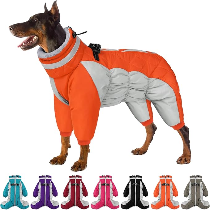 SUNFURA Full Body Dog Coat - Warm Fleece Jacket for Small Dogs, Turtleneck Winter Coats with Harness, Reflective Dog Snowsuit Windproof Puffer Jackets with Legs for Pug, Jack Russel, Orange S