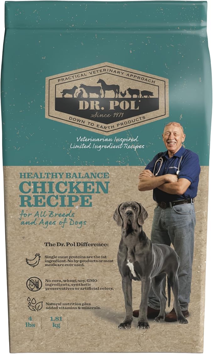Dr. Pol Limited Ingredient Chicken Dog Food - Natural Healthy Balance Kibble, Single Meat Source, Vet Formulated for Allergies and Sensitive Stomachs, Made in USA, Chicken 4lb Bag