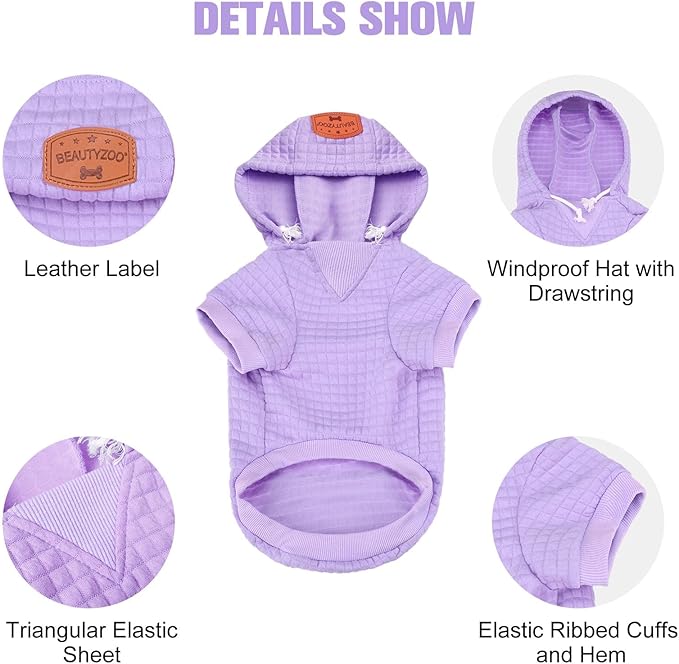 BEAUTYZOO Small Dog Hoodie Sweater with Pockets, Dog Clothes for Small Medium Dogs Boy Girl, Waffle-like Laminated Cotton Pet Coats with Hat and Leash Hole, All Weather Coat for Puppy Doggie Chihuahua