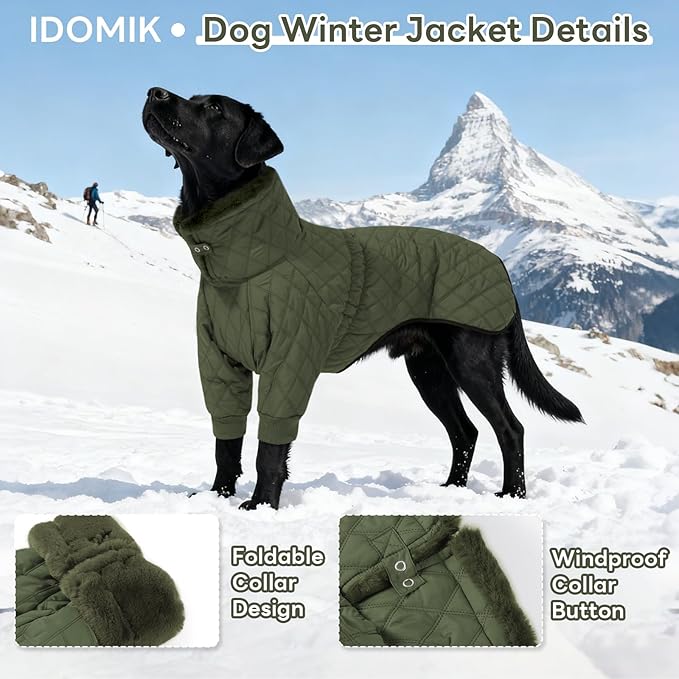 IDOMIK Dog Winter Coat for Large Dogs, Warm Dog Winter Jacket with Fleece High Collar, Zippered Cold Weather Coats for Dogs, Waterproof Doggy Snow Jacket Clothes,Green,XL