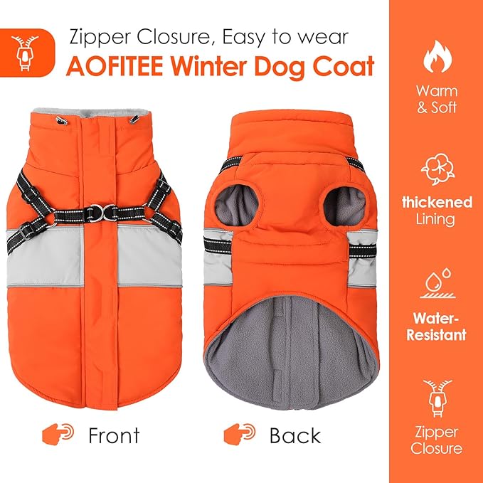 AOFITEE Dog Winter Coat, Dog Coat with Harness Built in, Dogs Jacket for Large Dogs, Reflective Waterproof Pet Puffer Jacket Snowsuit, Warm Fleece Windproof Pet Sweater for Cold Weather, XL