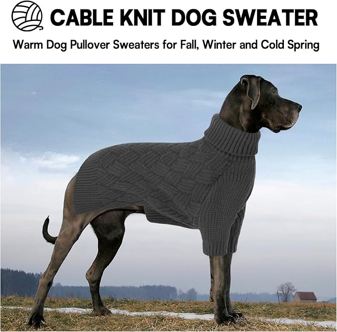 KOESON Extra Large Dog Sweater, Warm Soft XL Dog Sweater, Turtleneck Big Sweater for Large Dogs Girls and Boys, Cable Knitted Pet Knitwear with Sleeves for Fall, Winter and Spring, Grey, XLarge