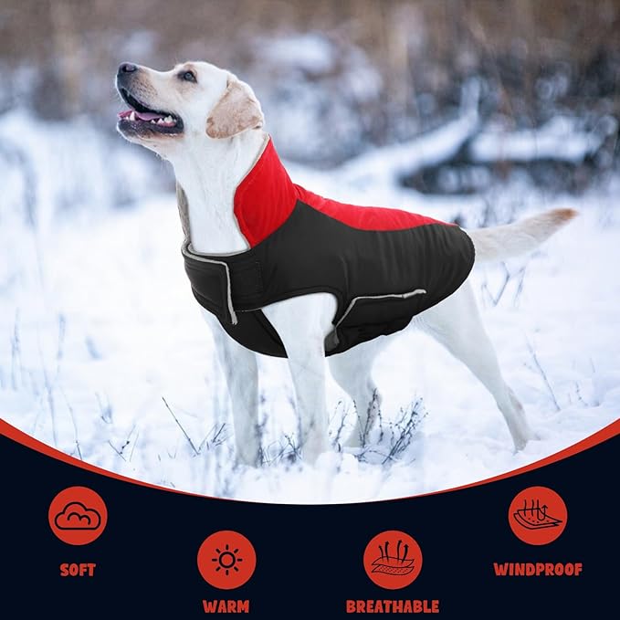 Warm Dog Coat,Waterproof Jacket in Winter Adjustable and Reversible Doggy Fleece Outfit,Thick Clothes with Foldable Collar for Puppy in Cold Days,3XL Red