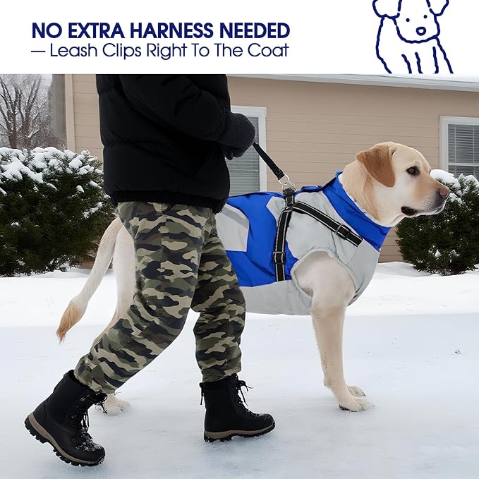 FUAMEY Dog Winter Jackets for Small Dogs,Dog Coat with Harness Built in,Waterproof Dogs Snowsuits Warm Pet Jacket Zip Up Fleece Cold Weather Coats Reflective Puppy Vest with Pocket Blue XS