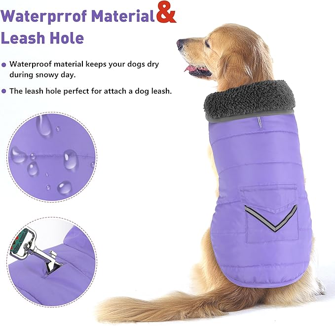 Dog Coat, Waterproof Dog Winter Jacket with Pocket, Reflective Adjustable Pet Snow Vest, Warm Cozy Fleece Sweater for Small Medium Extra Large Dogs - Light Purple, L