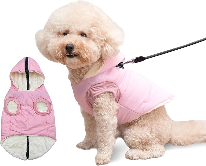 Fleece Lining Dog Hoodie with Harness Built in,Extra Warm Small Dog Jacket in Winter Puppy Coats with Hooded,Light Pink M