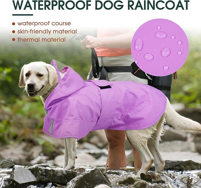 Kuoser Dog Raincoat, Waterproof Dog Rain Jacket with Clear Hooded Double Layer, Lightweight Reflective Dogs Rain Coat with Adjustable Belly Strap, Rain Coats for Medium Large Dogs Outdoor Wear, Pink L