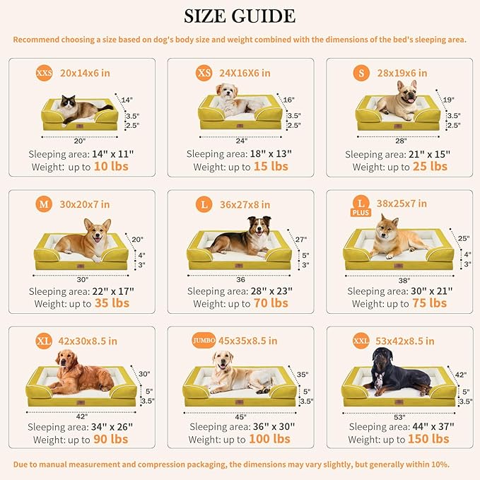 Comfort Expression Orthopedic Dog Bed for Extra Large Dogs 45x35 Inch, Waterproof Egg Crate Foam XL Pet Bed with Removable Bolsters, Dog Couch with Washable Cover & Non-Slip Bottom, Spicy Mustard