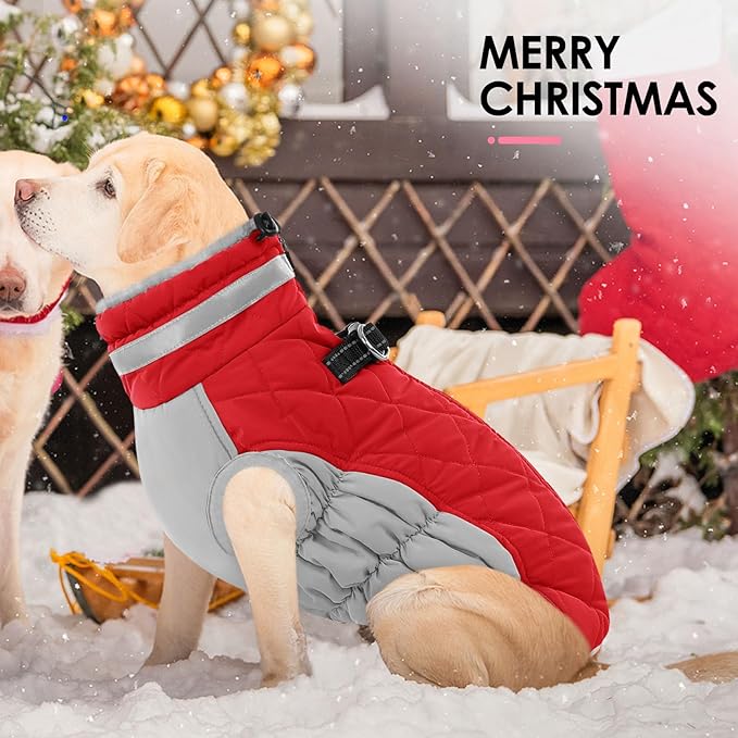 AOFITEE Dog Coat, Warm Dog Winter Coat, Reflective Turtleneck Large Dogs Jacket with Harness Built in, Turtleneck Pet Winter Jacket, Waterproof Pet Snow Jackets Fleece Vest, Christmas Red XL