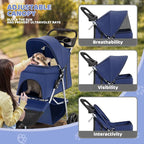 Magshion 3-Wheel Pet Stroller, Foldable Travel Jogger for Small & Medium Dogs & Cats (Up to 33lbs), Lightweight Carrier with Breathable Mesh Cover, Cup Holder & Storage Basket, Navy Blue