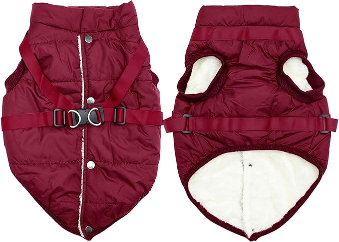 Dog Jacket with Harness,Fleece Lined Warm Puppy Coat for Winter,Soft Windproof Large Dog Vest,Red XXXL