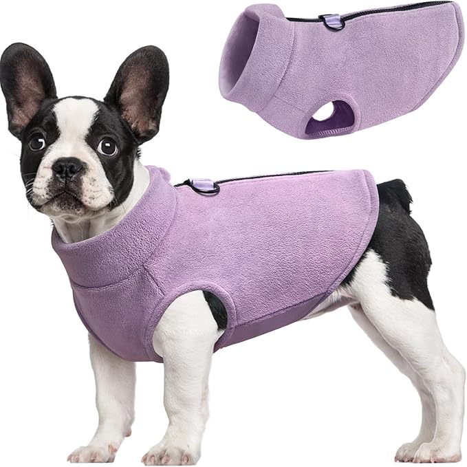 Idepet Dog Fleece Vest Sweater Zip Up Warm Pullover Dogs Jacket with D-Ring Leash Winter Cold Weater Coat Pet Sweatershirt Clothes Hoodie for Small Medium Dogs Boy Girl (Purple, M)
